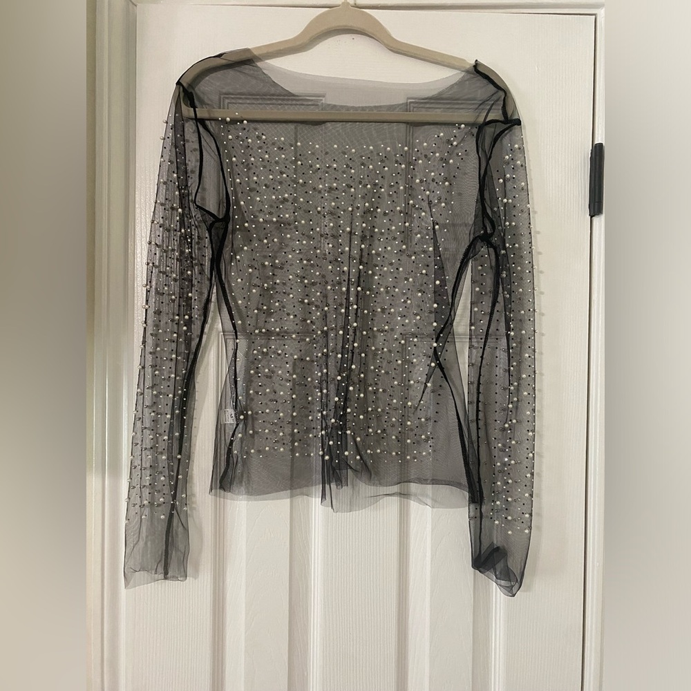 Elegant Black Sheer Pearl-Embellished Top